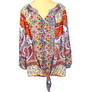 Fig and Flower Multicolor Paisley Boho Tie Front Blouse 3/4 Sleeve Large EUC
